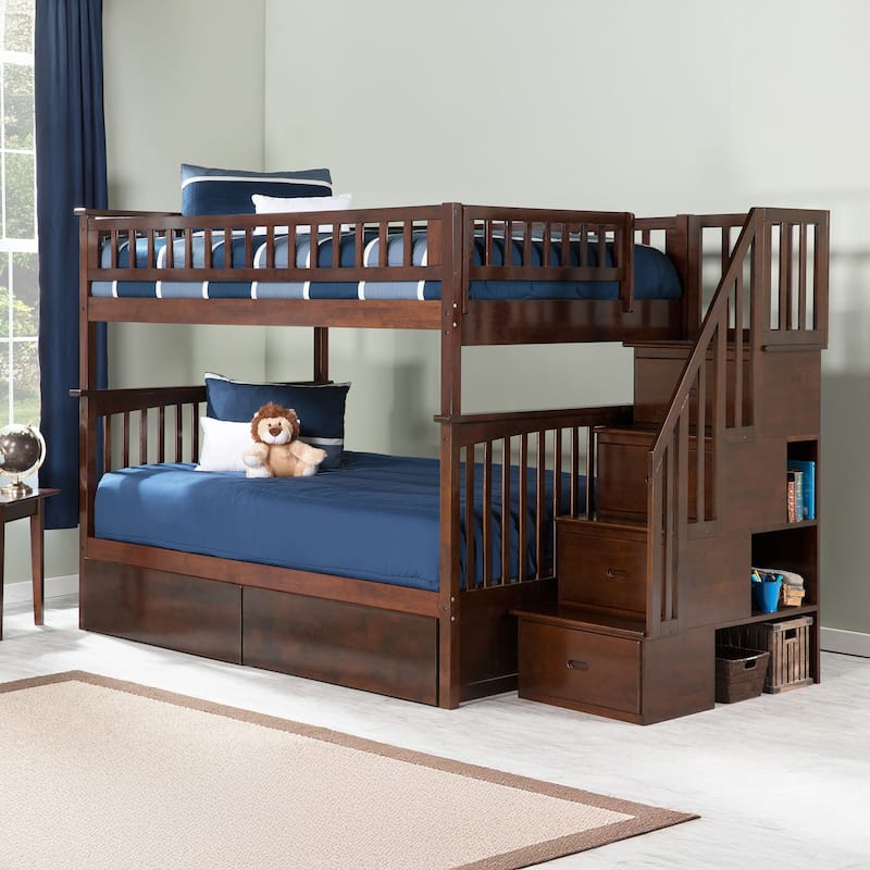 AFI Columbia Full over Full Size Staircase Bunk Bed with Bed Drawers & Charging Station in Walnut