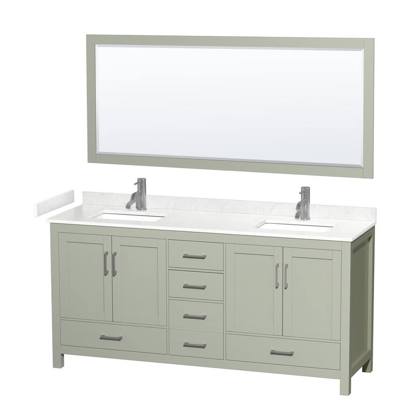 Sheffield Double Bathroom Vanity Set, Cultured Top, 70-Inch Mirror - 72-Inch Double - Light Green, Carrara Cultured Marble Top,Nkl.Trim