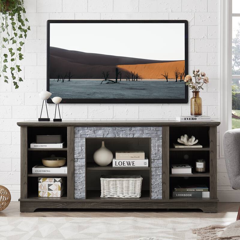 Anmytek Farmhouse TV Stand with Faux Stacked Stone Surround Accent Media Console for 60-69 inches TV Rustic Storage Cabinet