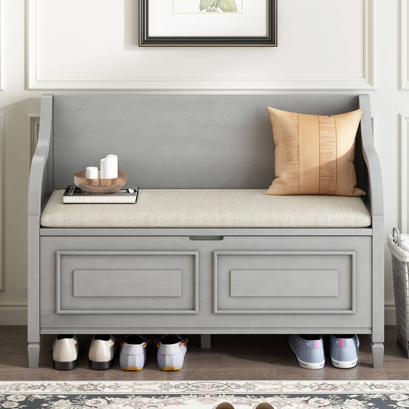 Rustic Style Solid Wood Entryway Storage Bench with Safety Hinge and Cushion