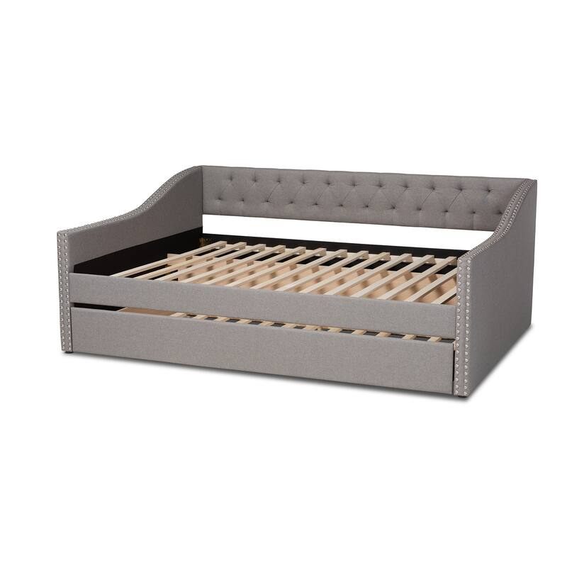 Full Size Daybed with Trundle, Light Grey Upholstered Bed Frame, Button Tufted Design