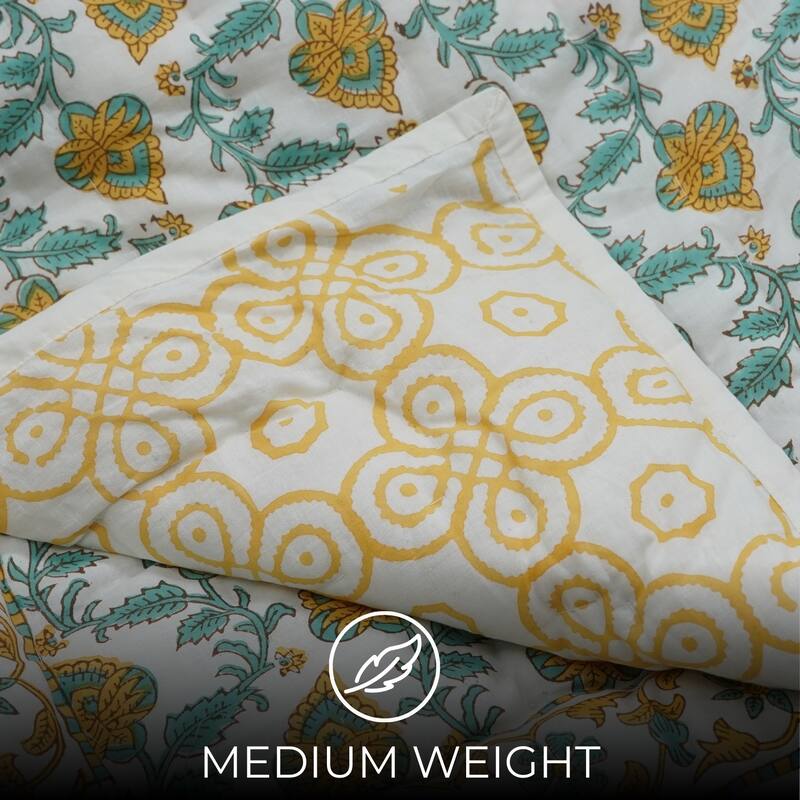 Fabdivine Hand Block Print Cotton Quilt, Soft & Luxurious Yellow Green Floral Madhubala Bedding, Reversible Lightweight Handmade