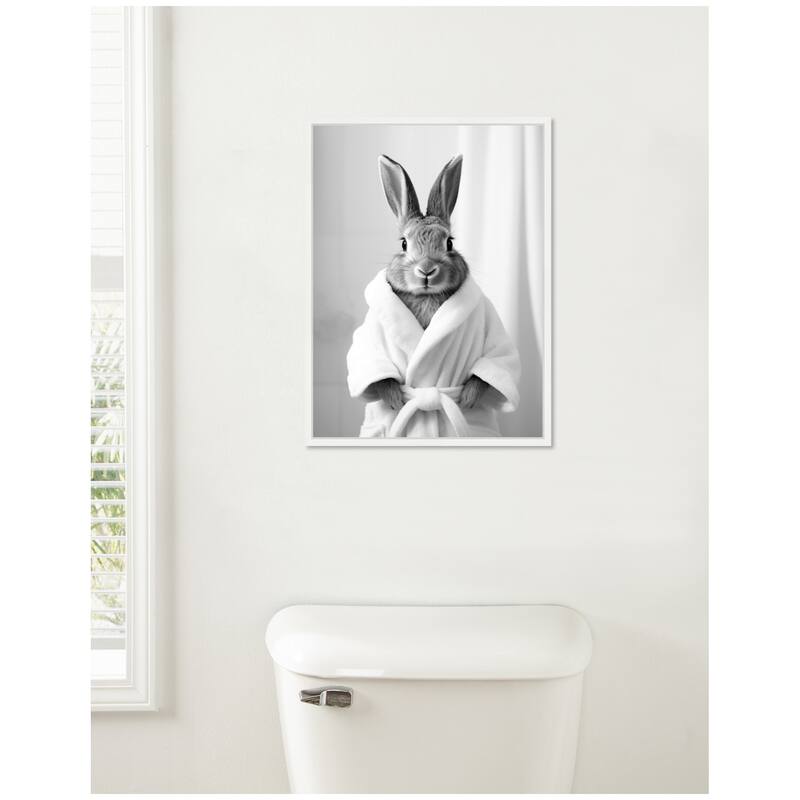 Kate and Laurel Sylvie Bunny Bathroom Art Towel Robe Black and White Framed Canvas by The Creative Bunch Studio