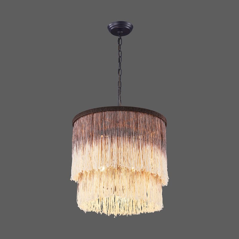 17.7" 3-Light Bohemian Farmhouse Purple Round Hand-made Cotton Fringe Tiered Hanging Chandelier Living Room,Bedroom