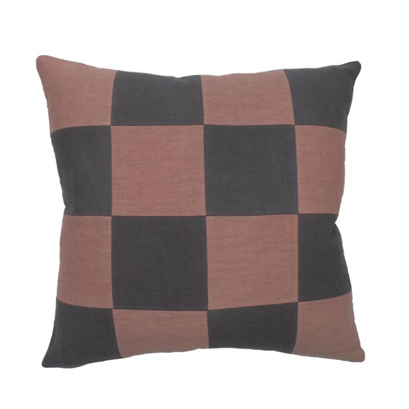 Jiti Indoor Modern Contemporary Bi-color Checkered Patchwork Pattern on Soft dyed Linen Square Throw Pillows Cushions - Pink/Grey
