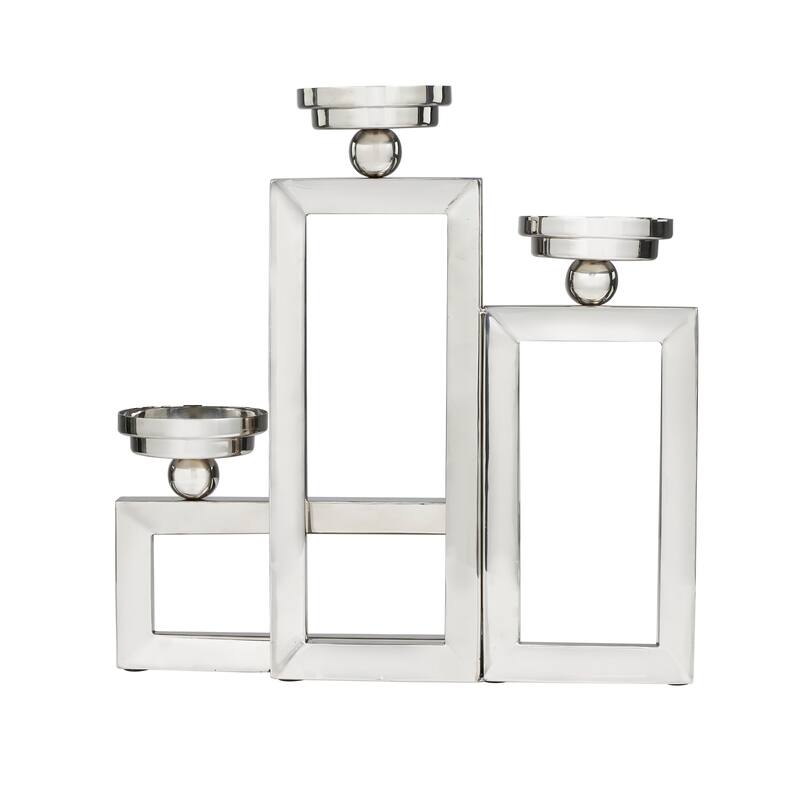 Silver Stainless Steel Metal Open Frame Geometric Candelabra with Overlapping Rectangles