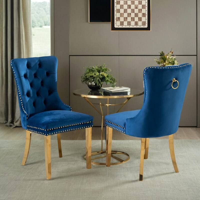 High-end Tufted Solid Wood Velvet Upholstered Dining Chair with Golden Stainless Steel Plating Legs,Nailhead Trim,Set of 2 - Blue