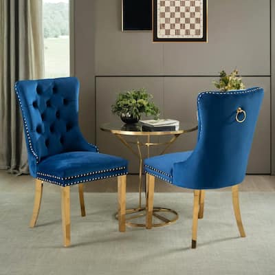 High-end Tufted Solid Wood Velvet Upholstered Dining Chair with Golden Stainless Steel Plating Legs,Nailhead Trim,Set of 2