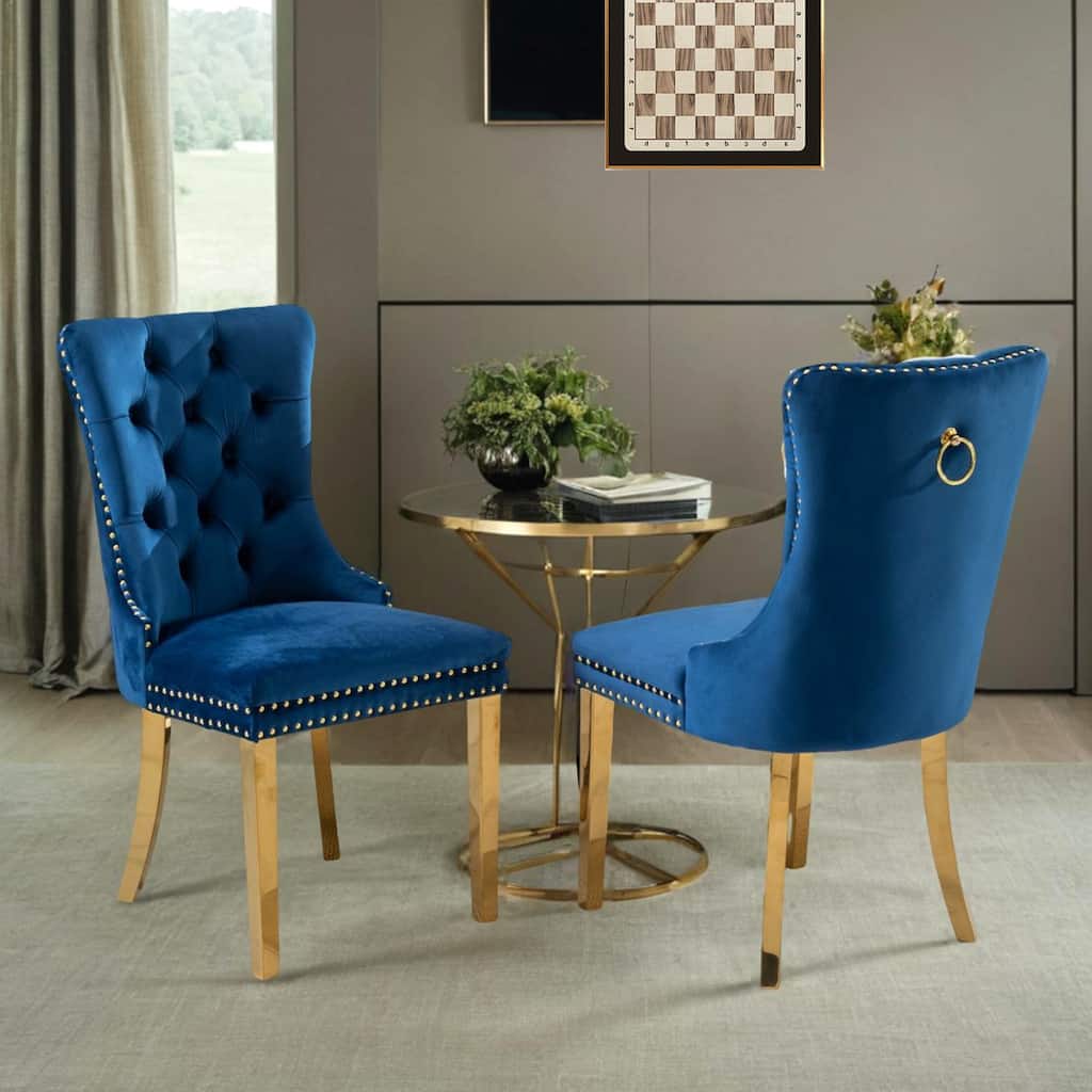 High-end Tufted Solid Wood Velvet Upholstered Dining Chair with Golden Stainless Steel Plating Legs,Nailhead Trim,Set of 2
