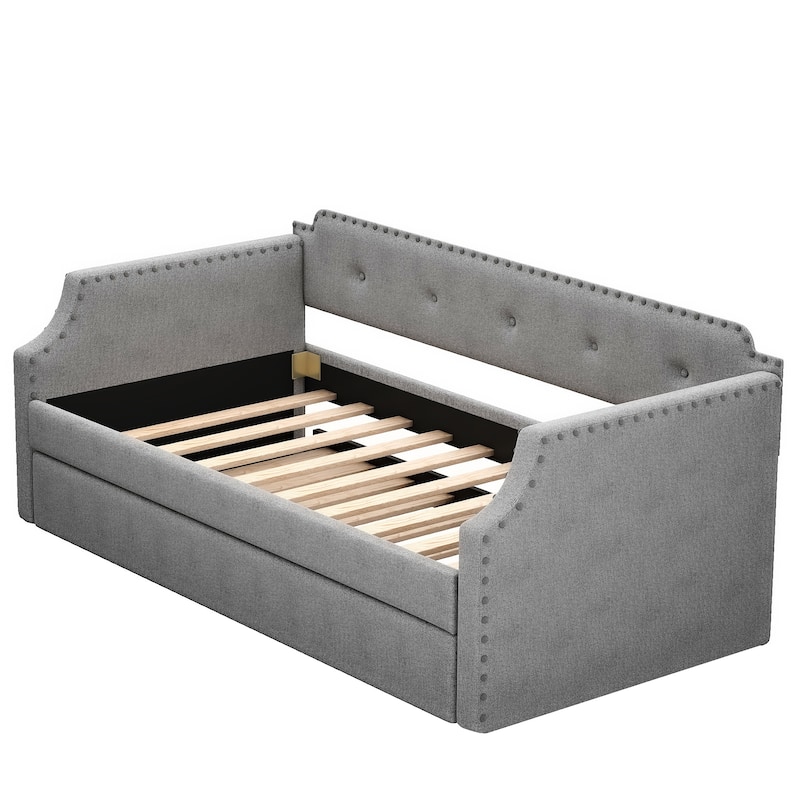 Beige Upholstered Twin Daybed with Pull-Out Trundle and Wood Frame