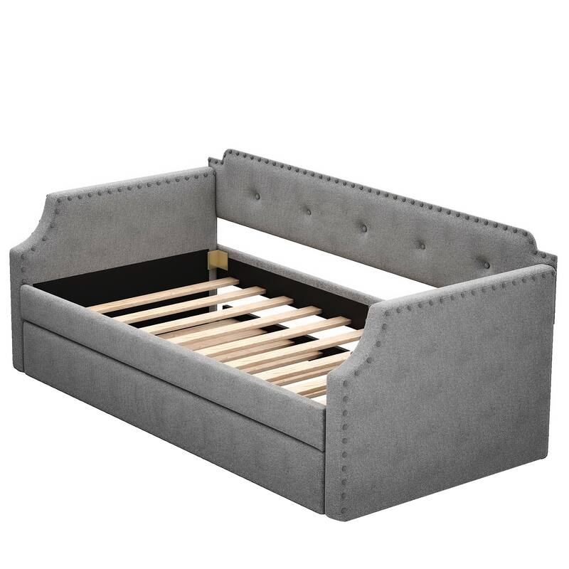 Upholstered Daybed With Trundle, Wood Slat Support,Upholstered Frame Sofa Bed