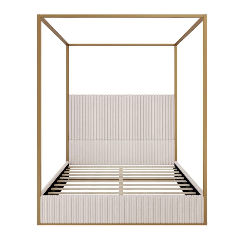 Queen/King Modern Luxury Metal Canopy Bed with Tall Corduroy Upholstered Headboard and Gold Four Poster, No Box Spring Needed