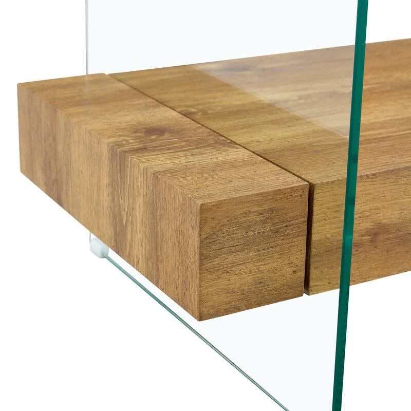 43.3 Inch Modern Two-Tier Coffee Table - Clear Tempered Glass and Wood Grain Texture, Multifunctional Storage Design.The