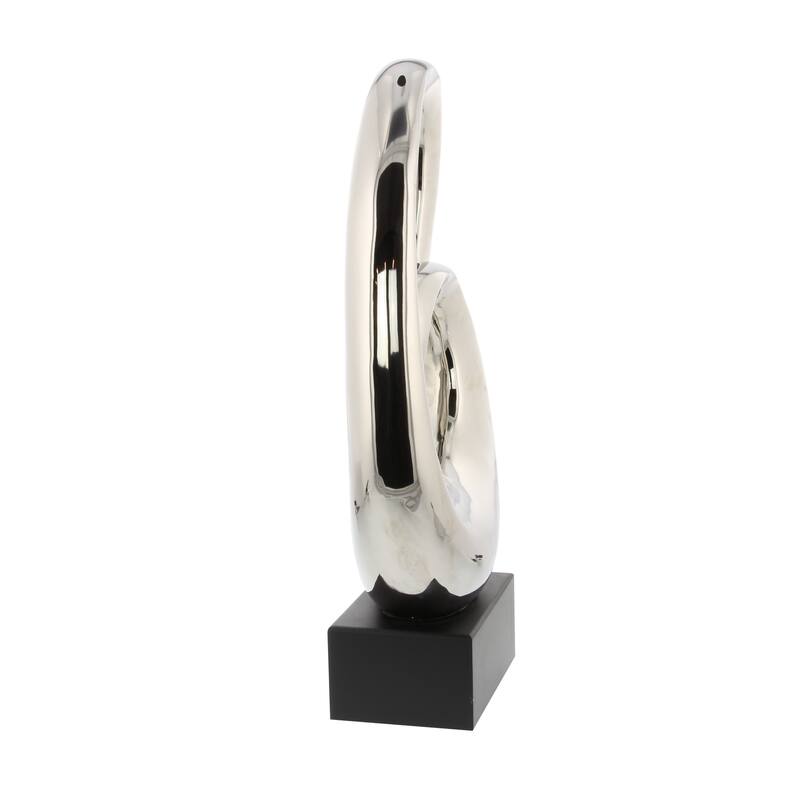 Sleek Ceramic Swirl Abstract Sculpture with Black Wooden Base - Silver or White