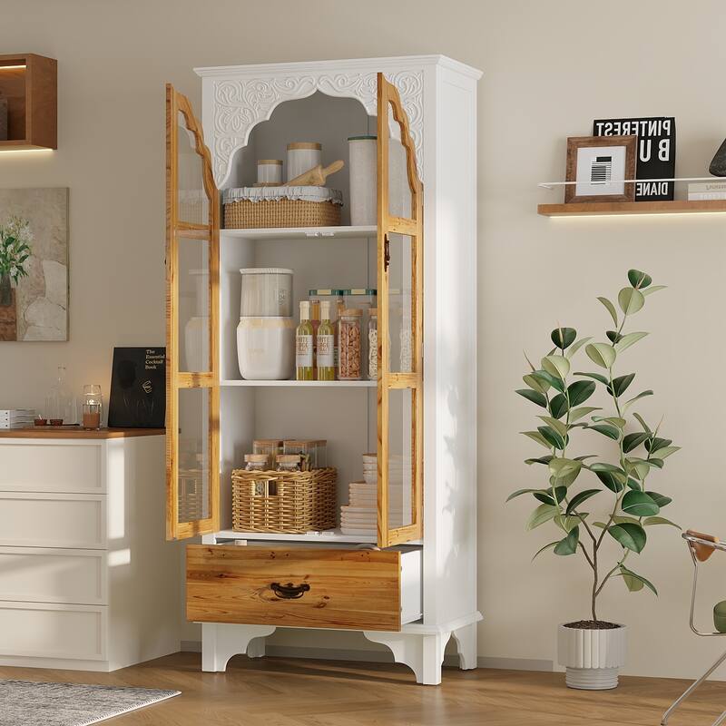 Oak Finish Fir Wood Wooden Curio Cabinet Display Storage Case Bathroom Cabinet Bookcase - 70.9"Hx31.5"W