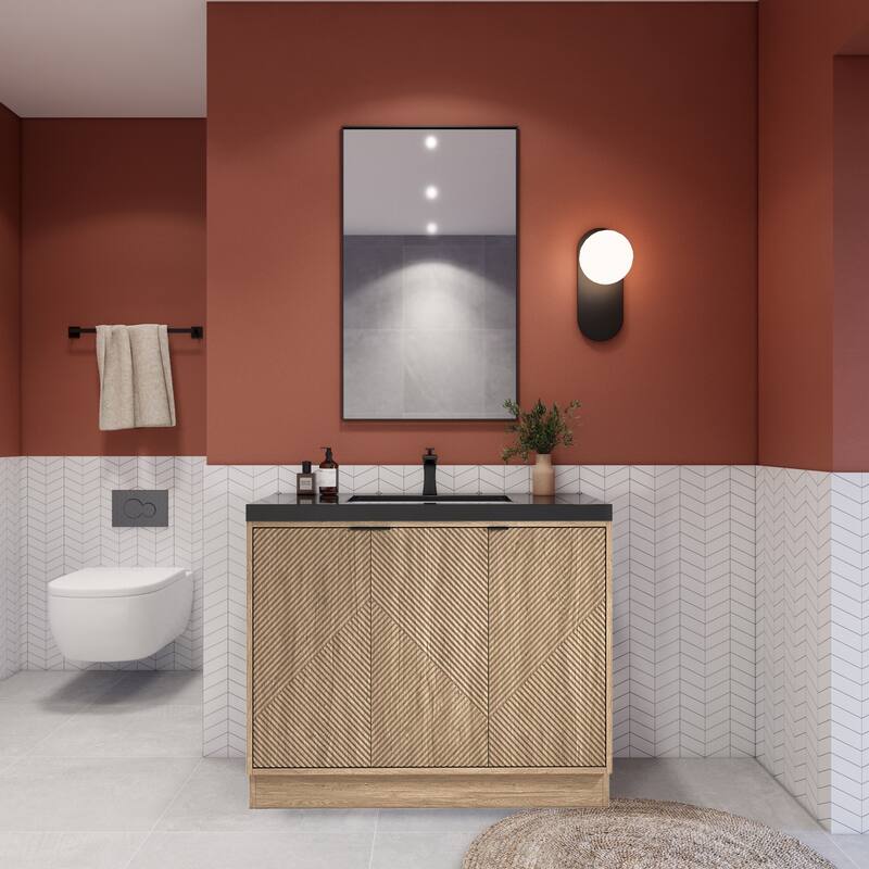 Milano 42" Freestanding (L) Bathroom Vanity with Black Acrylic Sink - 41.73" x 19.49" x 35.46'' - Light Brown