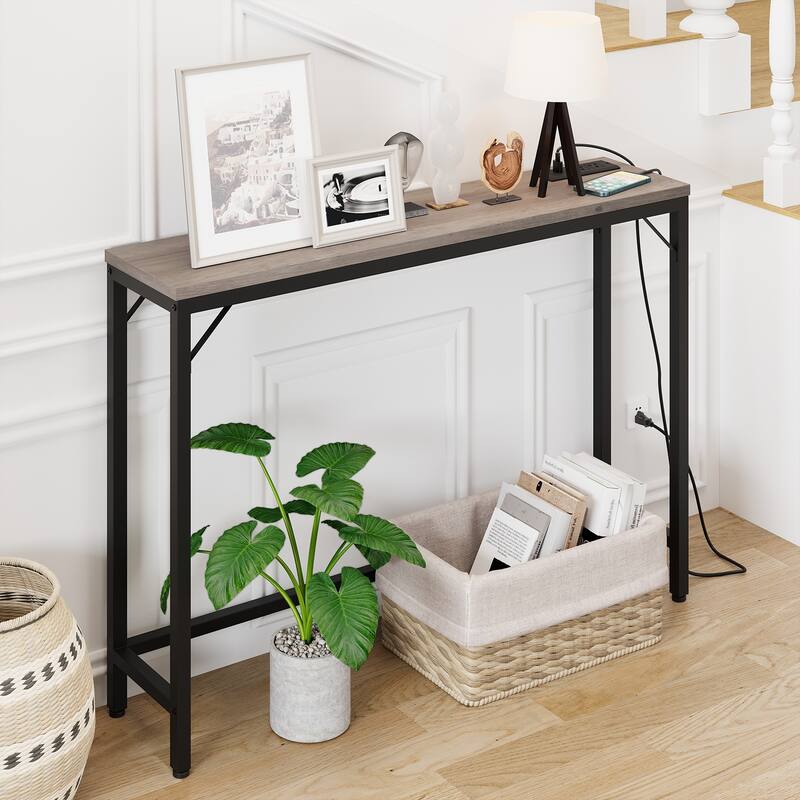 Console Table with Outlets, Narrow Sofa Table with Charging Station