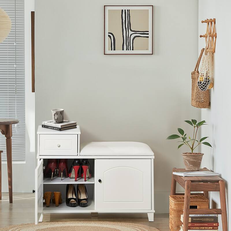 Shoe Storage Bench Cabinet with Fireproof PU Cushion, Double Doors and Movable Drawer Wood