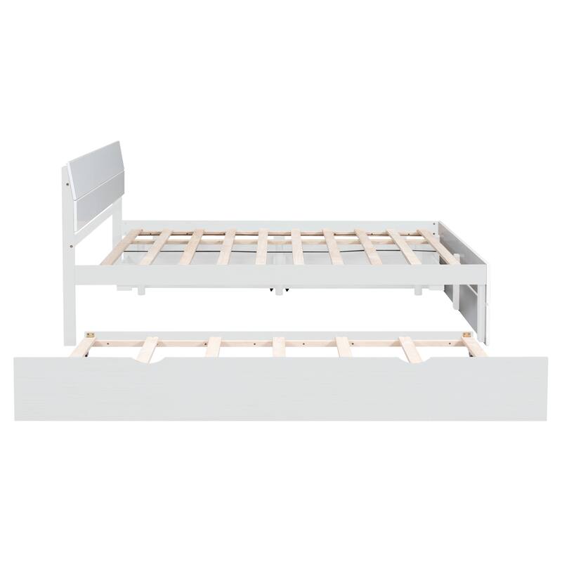 Modern Full Bed Frame with Twin Trundle, 2 Drawers, White High Gloss Finish