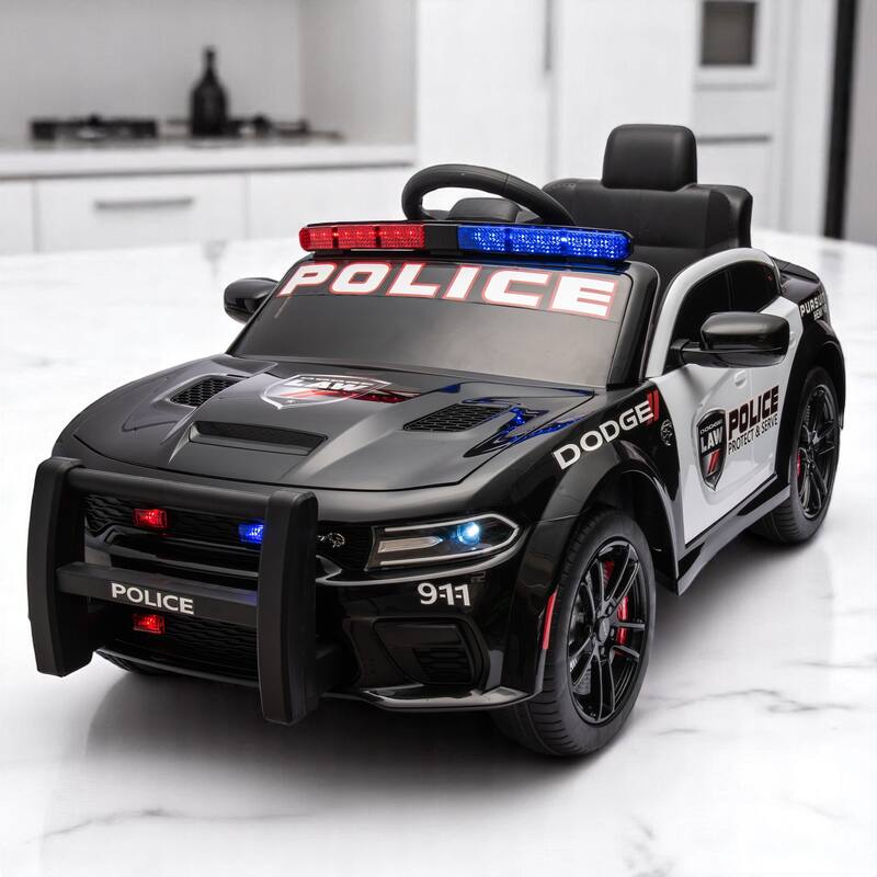 12V Licensed Dodge Charger Kids Ride-On Police Car with Remote Control, LED Lights, Bluetooth, MP3, USB–Electric Vehicle - Black