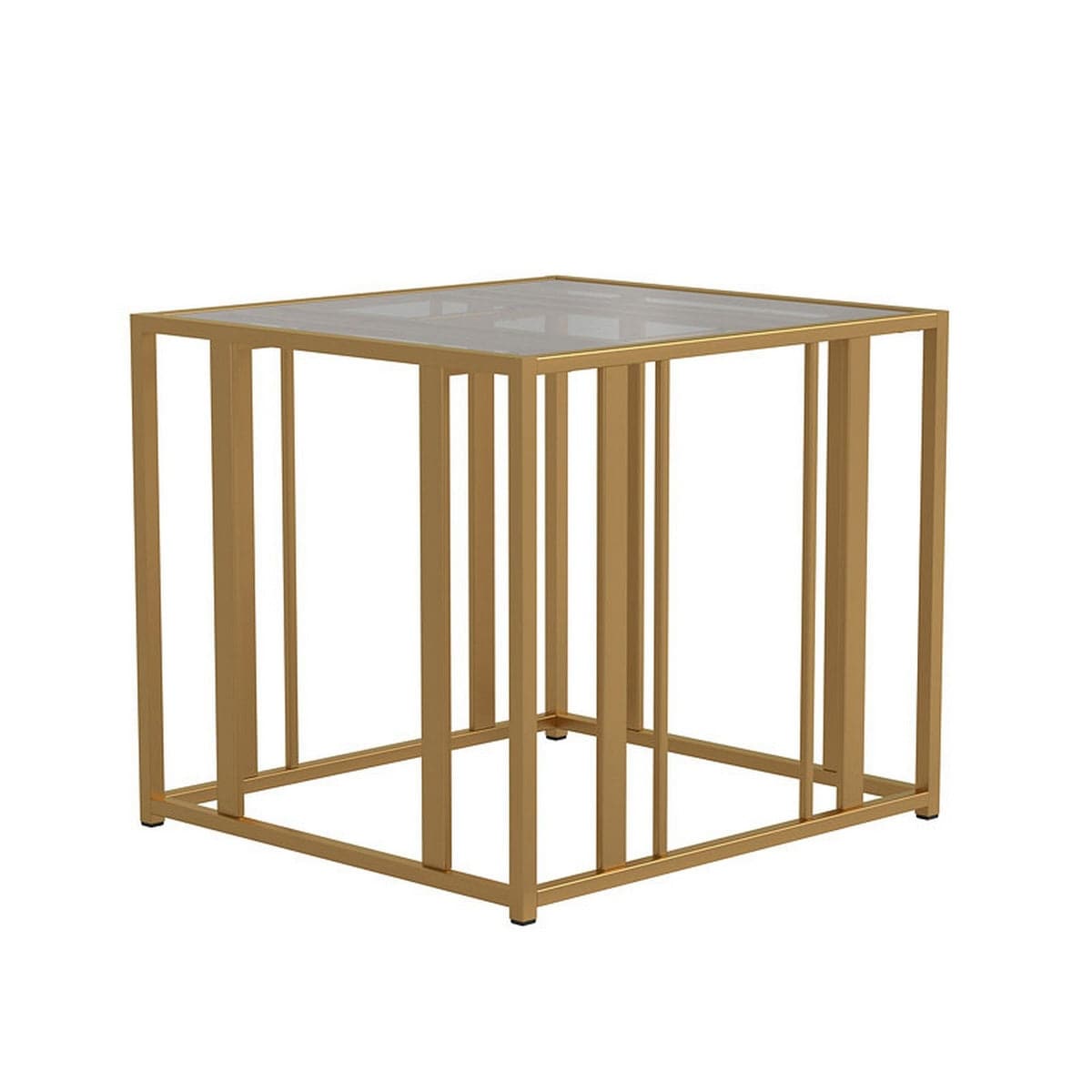 Glass Top End Table with Metal Tubular Base, Brass - 22 H x 26 W x 24 L Inches