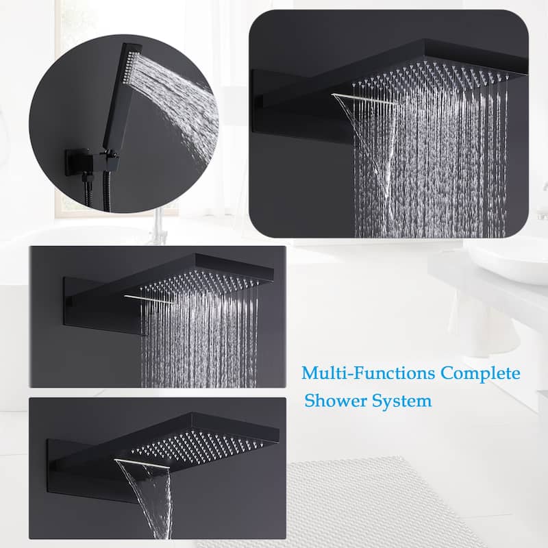 Luxury 3-Way Thermostatic Complete Rain and Waterfall Shower System with High-pressure Handheld Spray in Black
