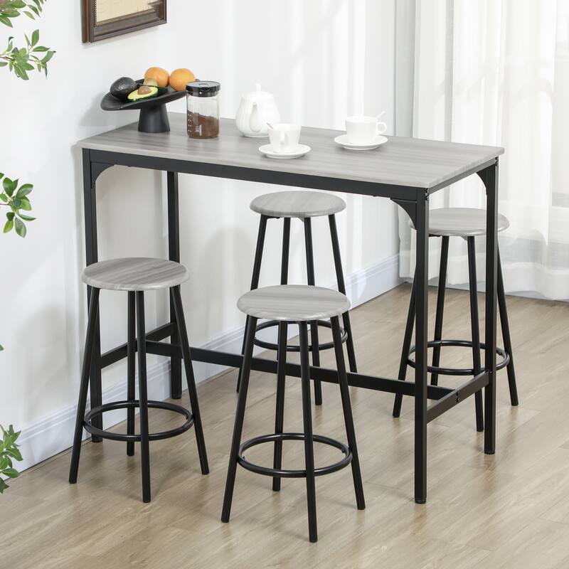 5-Piece Dining Table and Stools Set MDF Top Metal Frame Space-Saving Kitchen Furniture - 43.25" W x 19.75" D x 35.25" H - Grey, Black