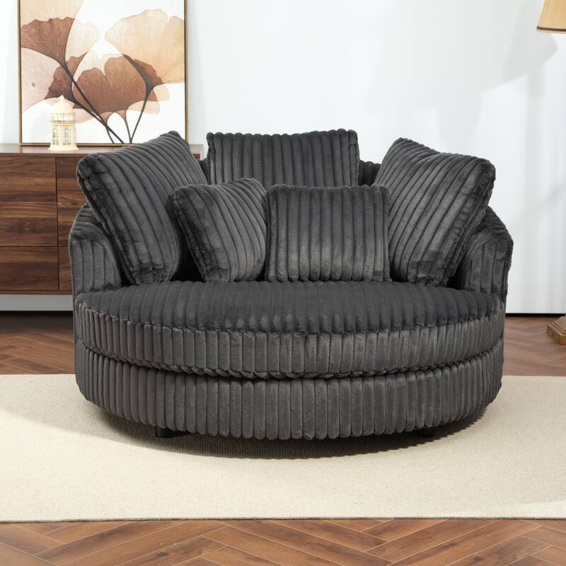 Modern Sofa Chair Round Accent Barrel Chair With 5 Pillows and Storage Ottoman