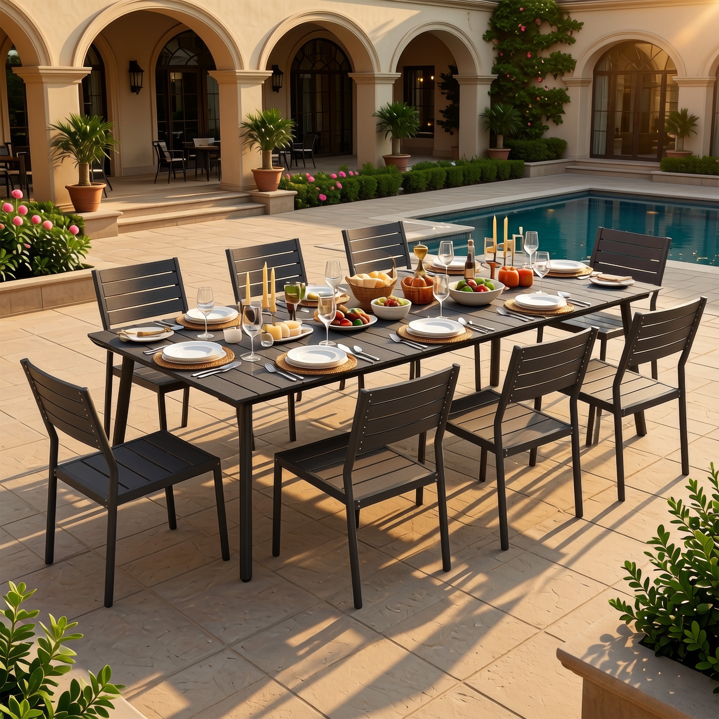 9-Piece Outdoor All-Weather Patio Aluminum Dining Set with Umbrella Hole and Stackable Chairs