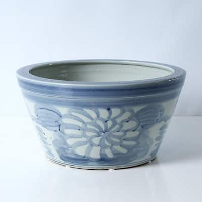 Approx. 18 Inches Wide Blue and White Planter with Flower Motif