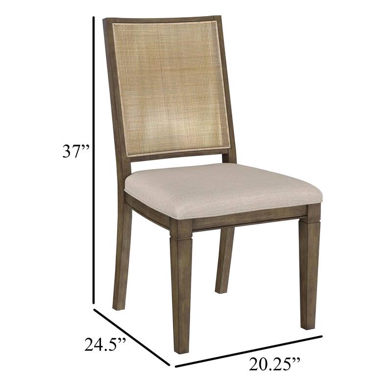 Andy Dining Side Chair Set of 2, Woven Rattan, Gray Fabric, Brown Wood