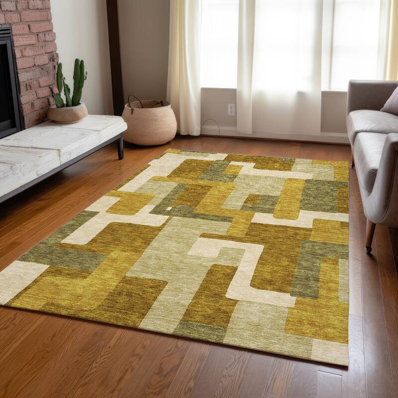 Machine Washable Indoor/ Outdoor Contempoary Blocks Chantille Rug