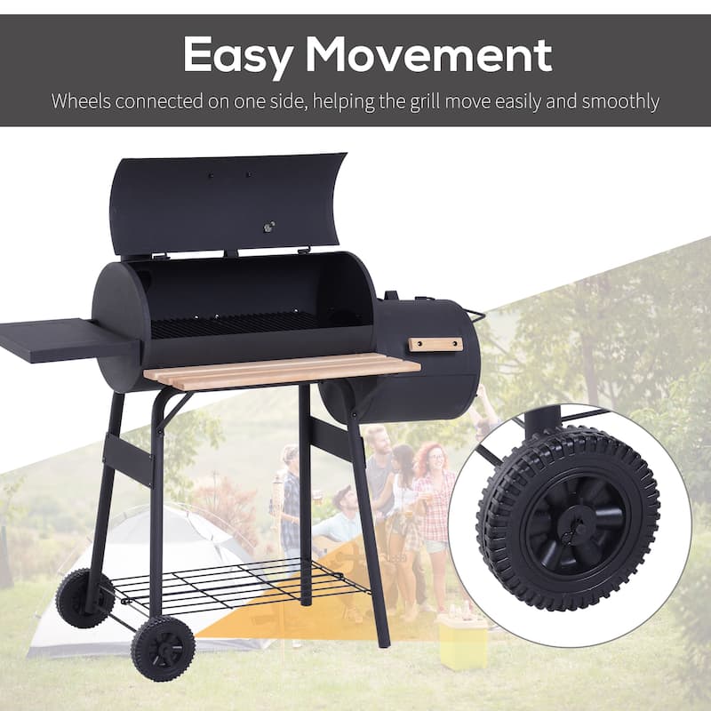 48" Steel Portable Backyard Charcoal BBQ Grill and Offset Smoker Combo with Wheels