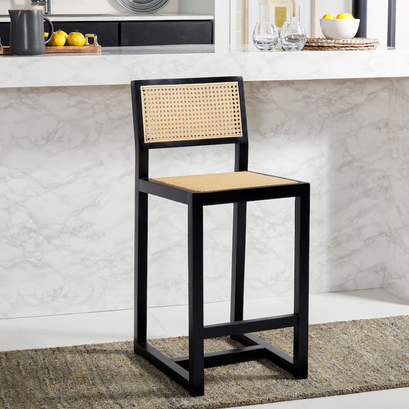 SAFAVIEH Dossie Rattan Counter Stool - 16" W x 19" D x 37" H - 16Wx19Dx37H - Black/Natural