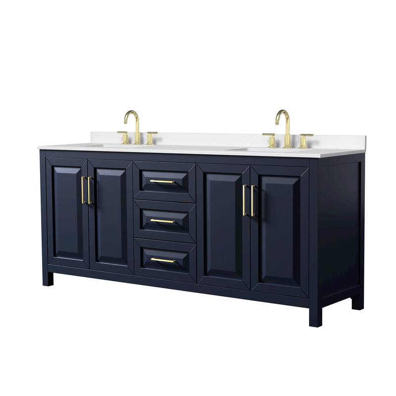 Daria 80-inch Double Vanity, 3 Hole Quartz Top - Dark Blue, Gold Trim, White Quartz Top