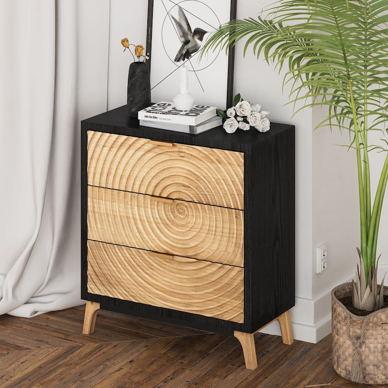COZAYH Modern Farmhouse Nightstand, Drawer with Handcrafted Wood Ring Motif