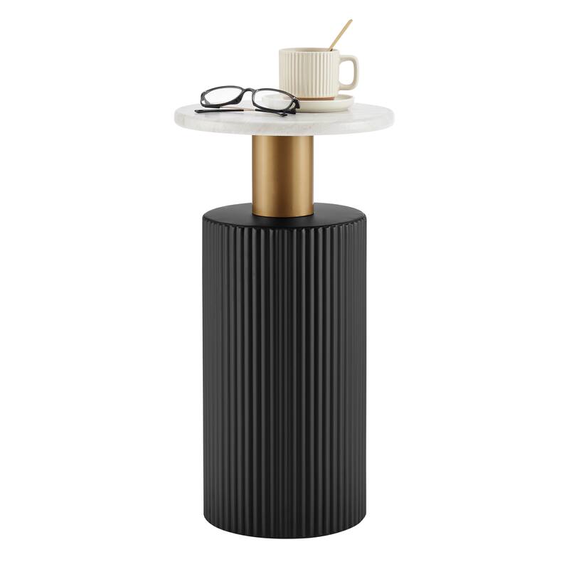 Danya B. Fritz Midcentury Modern Side Accent Table with Black Base Gold Metal Column Accents and Faux Marble Laminate Tabletop