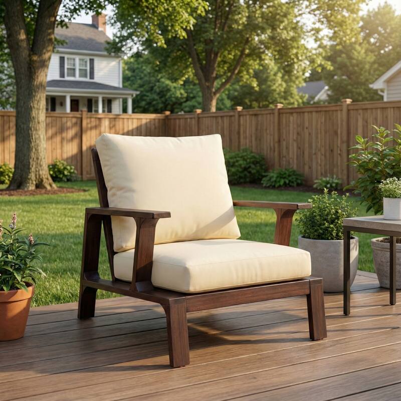 Roomfitters Patio Accent Chair, Solid Acacia Wood Outdoor Lounge Seat with Water-Resistant Cushions