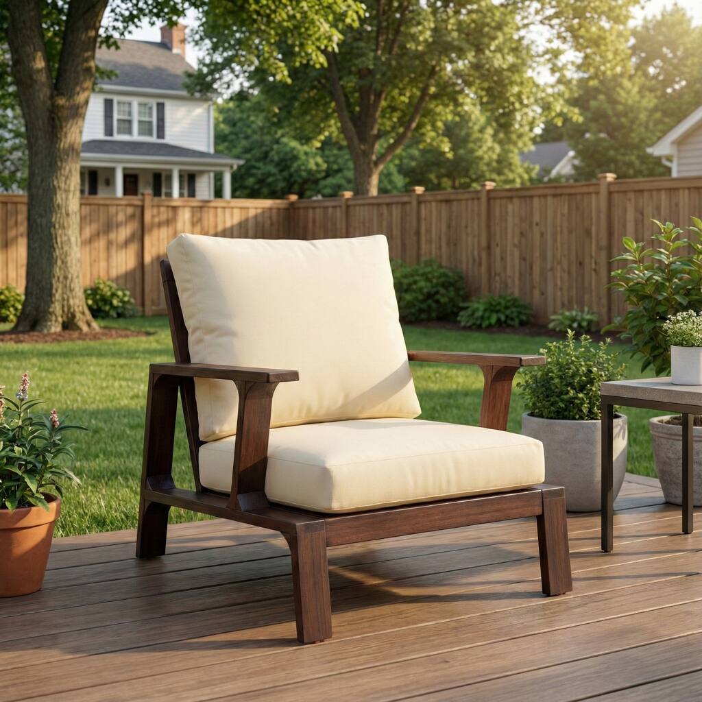 Roomfitters Patio Accent Chair, Solid Acacia Wood Outdoor Lounge Seat with Water-Resistant Cushions
