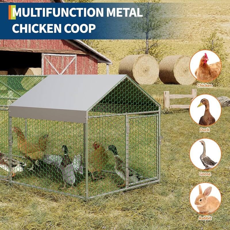 3 Doors Outdoor Large Metal Chicken Coop with Waterproof Anti-UV Cover for Rabbit Duck