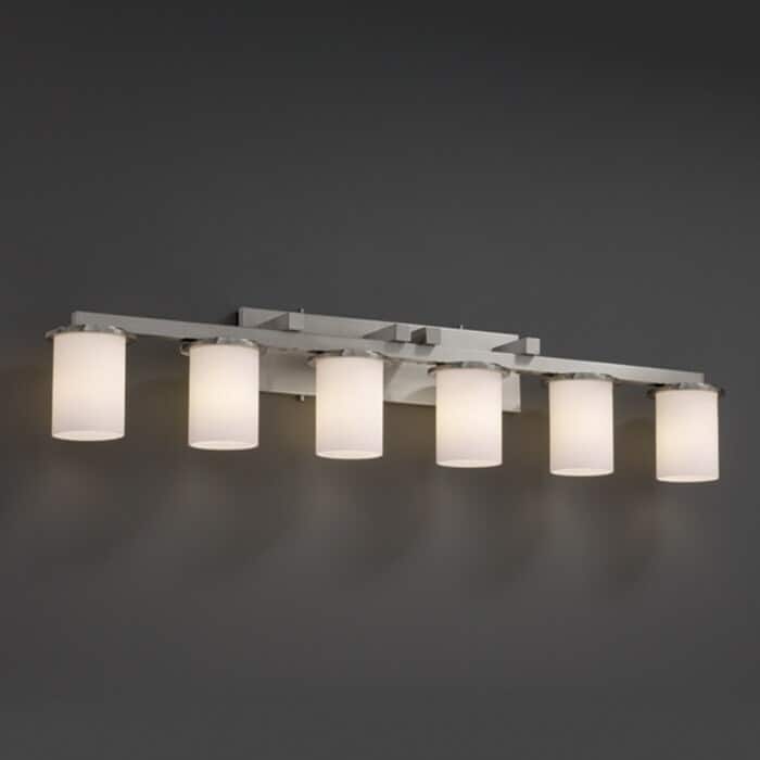 Justice Design Fusion Dakota 6-light Brushed Nickel Bath Bar, Opal Cylinder - Flat Rim Shade - Brushed Nickel