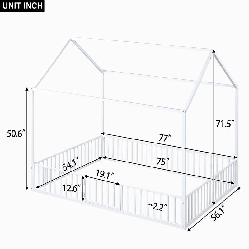 Creative House Design Twin/Full Size Metal Bed with Guardrails and Playful Fence - Ideal for Kids' Bedroom