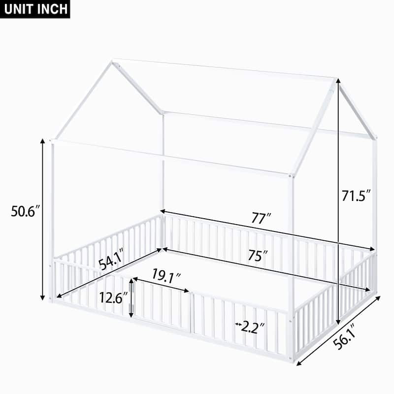 Metal House Bed with Fence, Roof, and Door for Kids