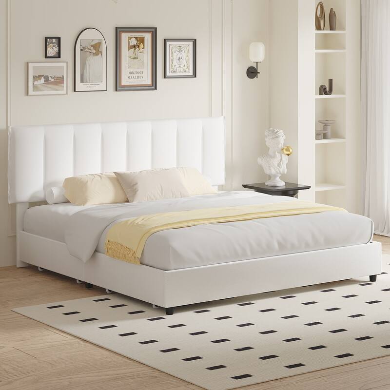 White Bed Frame with 4 Storage Drawers, Upholstered Platform Bed Frame with Adjustable Headboard
