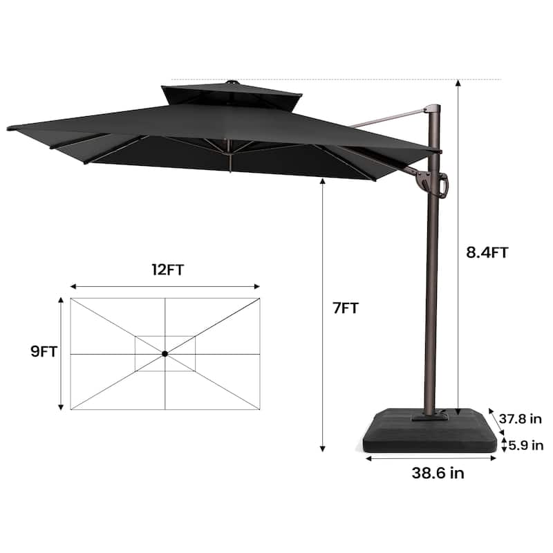 9 FT x 12 FT Outdoor Patio Dual Top Umbrella Cantilever Offset with Premium Base