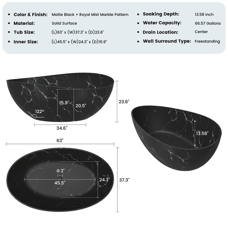 63 in. x 37 in. Solid Surface Freestanding Soaking Bathtub in Matte Black with Royal Misty Marble Pattern, Center Drain