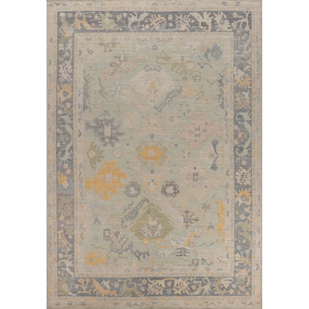 Hand Knotted Oriental 100% Wool Carpet Transitional All-Over Green Oushak Area Rug - 12' 0'' X 9' 3''