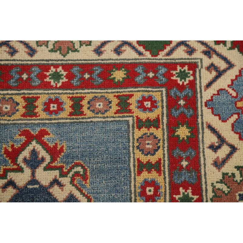 Blue Geometric Kazak Area Rug Hand-Knotted Traditional Wool Carpet - 6'8" x 9'9"