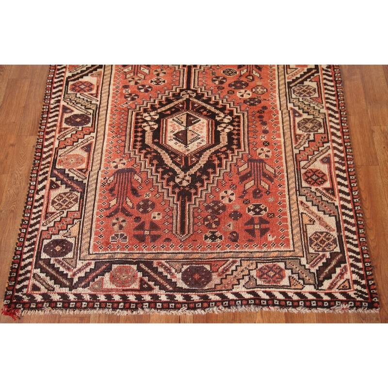 Tribal Shiraz Persian Antique Area Rug Hand-Knotted Coral Wool Carpet - 3'5"x 4'9"