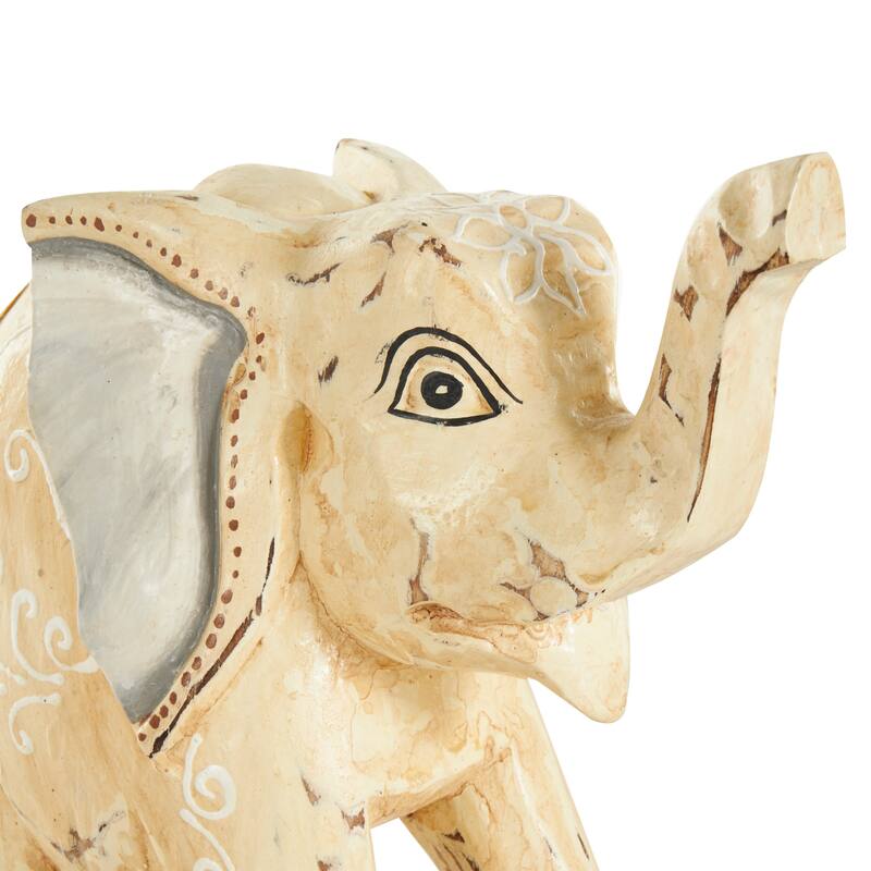 Light Brown Wood Handmade Elephant Decorative Sculpture with Scroll and Floral Patterns (Set of 3)